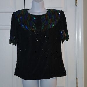 Denise Elle black  blue green beaded sequin vintage blouse  Sz PM